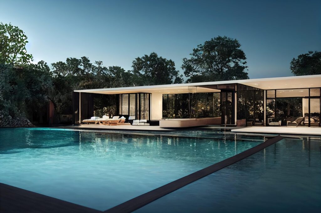 house, home, architecture, interior, exterior, nature, swimming pool, pool, furniture, garden, trees, door, windows, villa