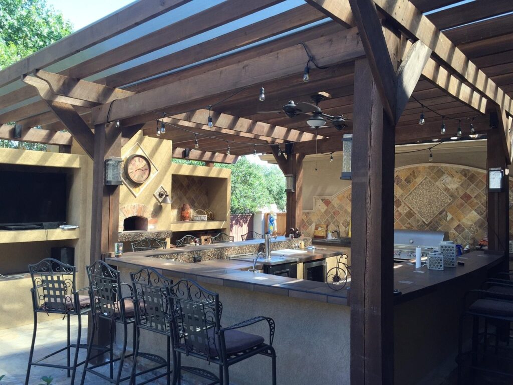 patio cover, outdoor kitchen, tile, copper, patio, stone, design, outdoor, kitchen, exterior, grill, outdoor dining, fireplace, deck, cooking, outdoor fireplace, cook, home, porch, outdoor kitchen, outdoor kitchen, outdoor kitchen, outdoor kitchen, outdoor kitchen